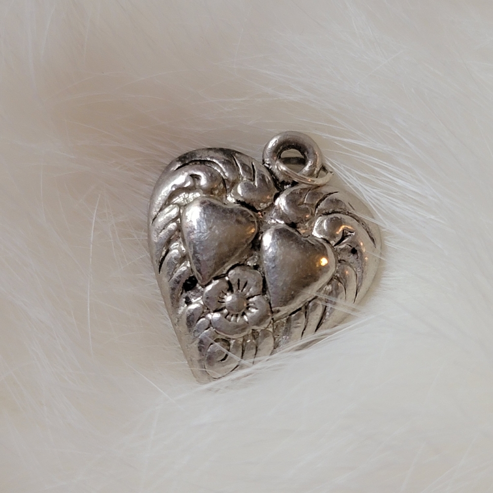 40s Vintage Silver Plated Puff Heart Charm For Charm Bracelet